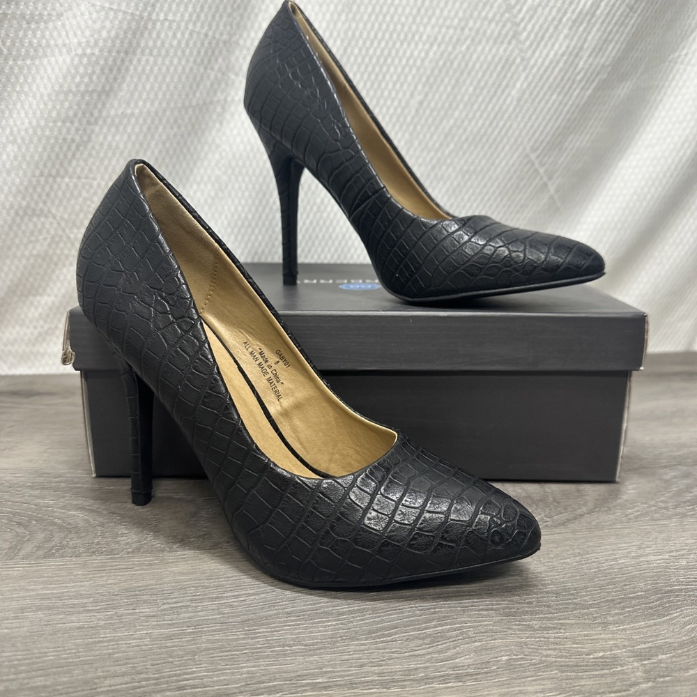 Black Faux‎ Croc Embossed Stiletto Heels Pointed Toe Pumps Womens Size 8 Faux